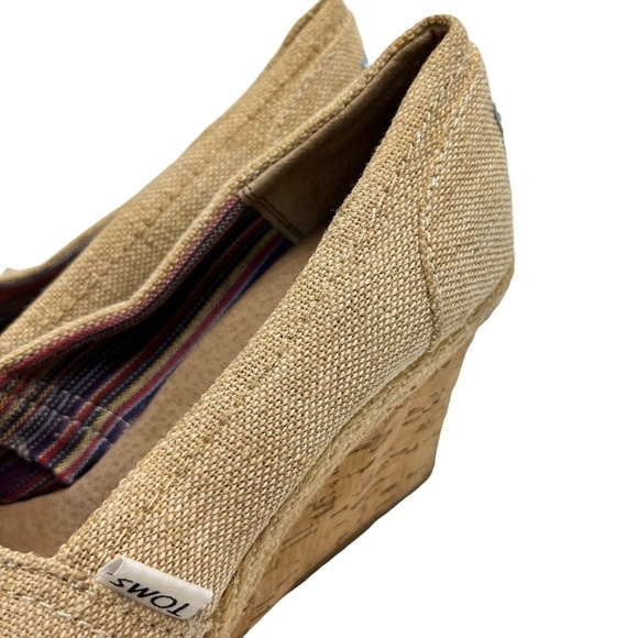 TOMS Wedges Peep Toe Cork Canvas Burlap Espadrilles High Heels Shoes Beige sz 6 - Picture 8 of 16